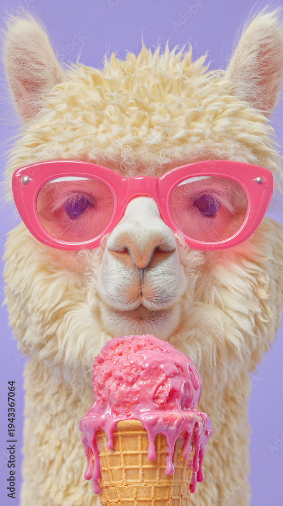 Fototapeta premium Whimsical alpaca wearing pink sunglasses holding melting ice cream cone on pastel background, surreal animal portrait with playful summer fashion and colorful pop art style