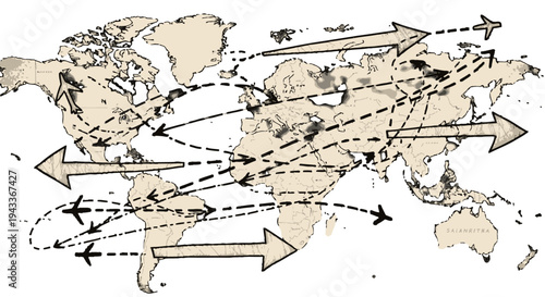 A vintage vector illustration of an ancient world atlas featuring an antique map of North America and Europe with a weathered globe showing the history of travel across every sea and continent