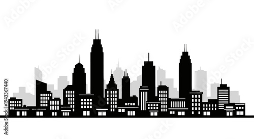 A vector illustration of the New York City and Chicago skyline silhouettes featuring iconic urban skyscrapers and architecture against a sunset sky in the USA