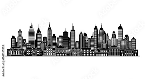 An artistic vector illustration of the Hungarian Parliament and cathedral facade creates a black and white urban silhouette against a European city skyline