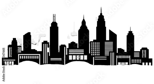 A sleek black vector illustration of the New York City skyline silhouette featuring iconic urban architecture and skyscraper buildings of the downtown business district in the USA