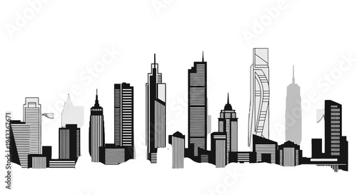 Black silhouette vector illustration of the New York City skyline featuring iconic urban skyscrapers and famous architecture landmarks of the downtown USA cityscape
