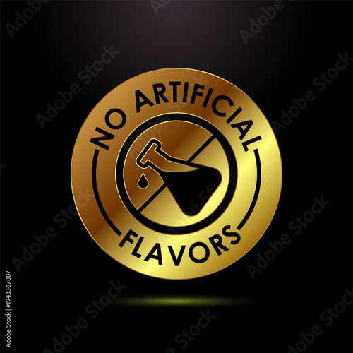 No artificial flavors golden circular badge with chemical flask icon
