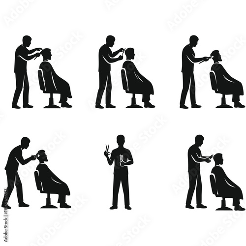 Barber cutting hair man sitting chair barber shop services silhouette icons