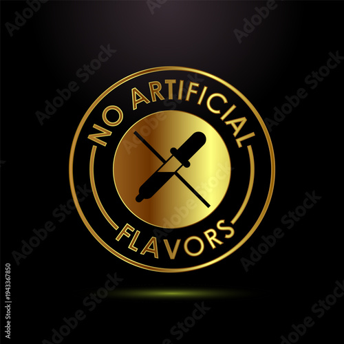 No artificial flavors golden circular badge with dropper icon