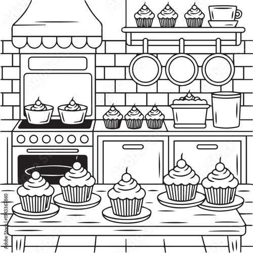 Black and white of cupcakes in a kitchen with oven and shelves