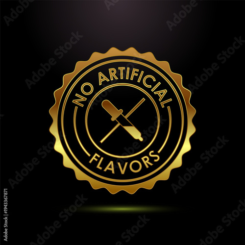 No artificial flavors golden circular badge with dropper icon