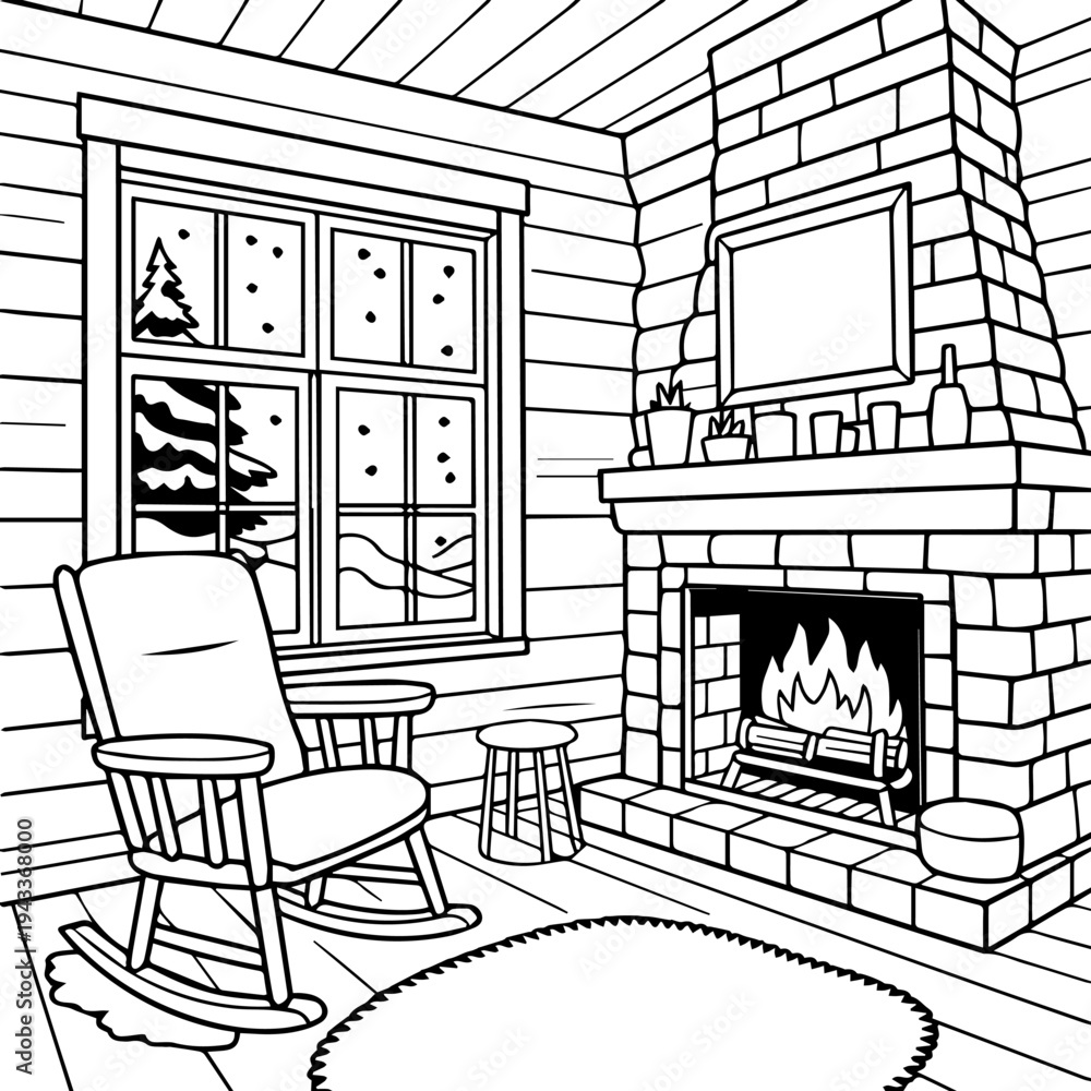 Fototapeta premium Cozy living room with rocking chair and fireplace in winter scene snow