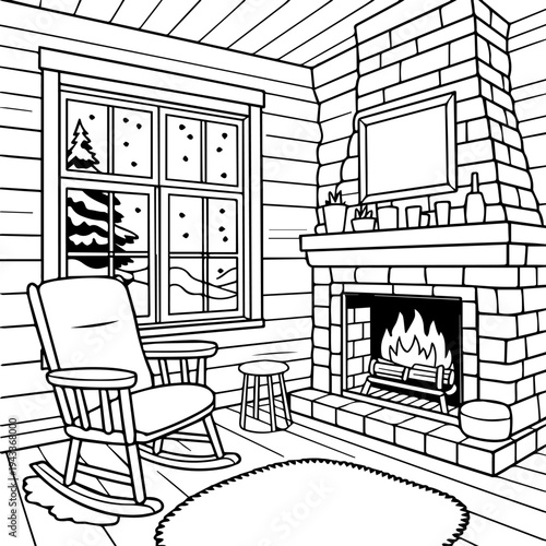 Cozy living room with rocking chair and fireplace in winter scene snow