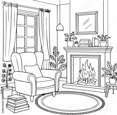 Cozy living room with armchair fireplace and potted plants in black and white books