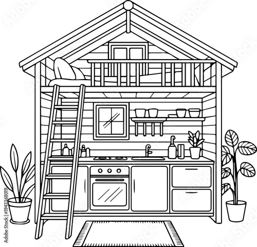 Small house interior with kitchen and loft bed illustrated in black and white line