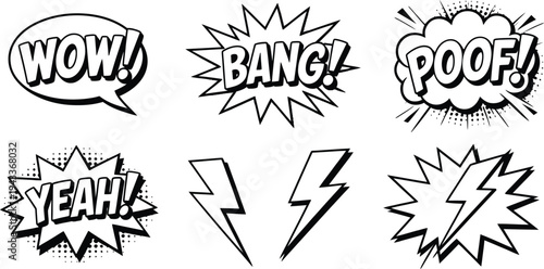 Collection of Comic Book Sound Effect Speech Bubbles and Lightning Bolts, Vector Graphics