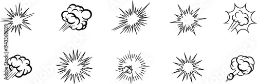 A dynamic collection of bold comic-style explosion and impact effects, featuring various bursts, smoke clouds, and energy lines for striking design projects