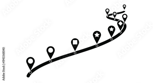 Black line map with location pins on white background, navigation concept, route planning, geographic information system, transportation icon