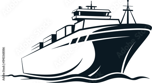 A sleek and minimalist black and white logo design showcasing a modern cargo ship transporting goods, ideal for global shipping and logistics branding