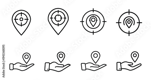 Target point and navigation hand outline icon set with map pin location, digital destination pointer, human holding marker direction more vector illustration or editable stroke.