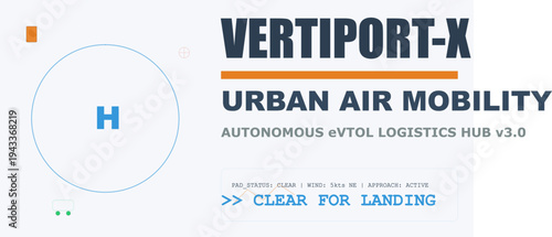 Future Urban Air Mobility Vertiport-X concept. Autonomous eVTOL logistics hub technology for smart city transportation.