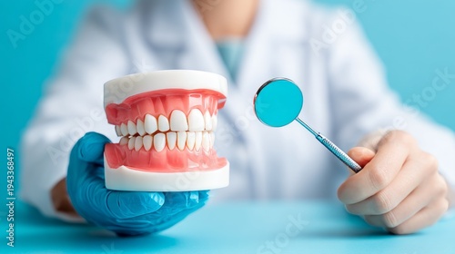 Dental Professional Inspecting Teeth Model with Mirror for Educational Purposes