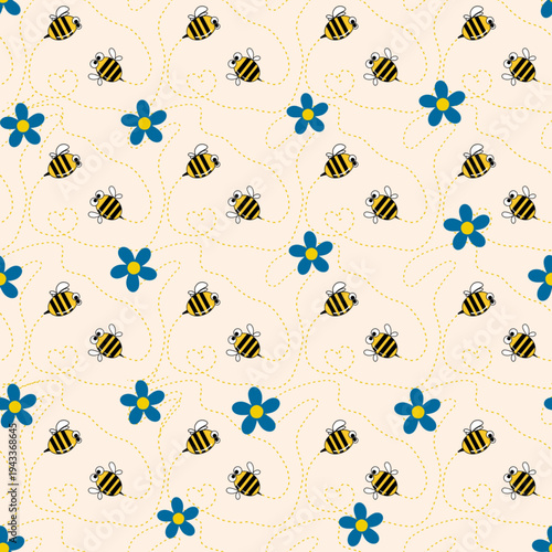 Very cheerful seamless pattern featuring honeybees and flowers on ivory background
