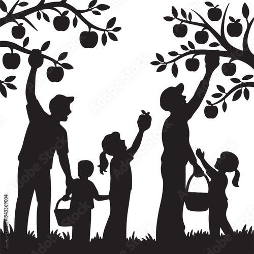 Family Apple Picking Silhouette – Parents and Children Harvesting Apples from Tree Vector Illustration