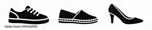 Black silhouette set of women shoes including sneaker, espadrille slip on and high heel pump. Fashion footwear collection for retail catalog, lifestyle styling and apparel design.