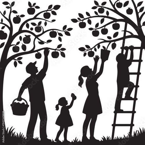 Family Apple Harvest Silhouette with Ladder – Parents and Children Picking Apples from Tree Vector Illustration
