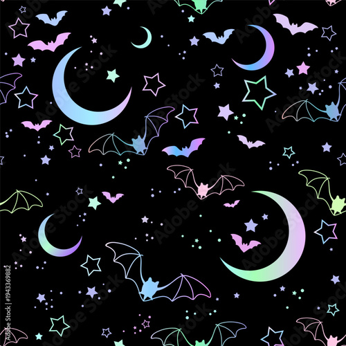 Seamless square pattern with holographic bats and moons