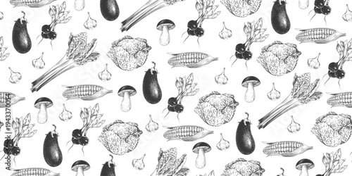 Seamless pattern with vegetables. Engraving background with eggplant, rhubarb, corn, radish, savoy cabbage, garlic and mushroom. Black and white illustration of vegetables. Pattern for menu