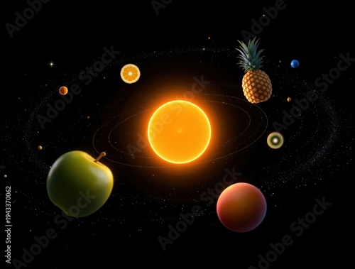 A Cosmic Fruit Salad Solar System with Glowing Sun and Orbital Rings