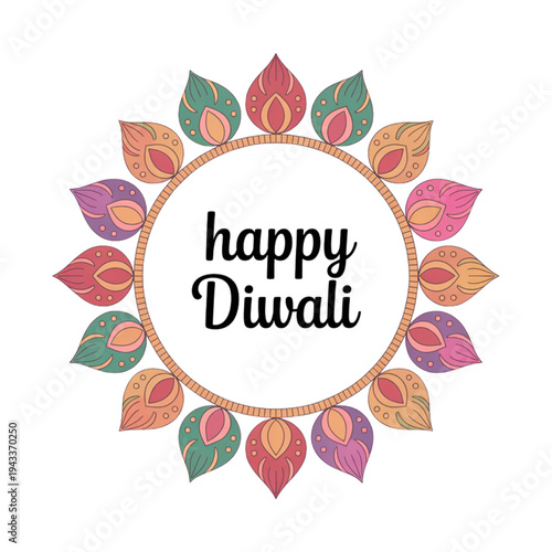 Happy diwali greeting card with colorful floral mandala circular frame design for festival celebration illustration