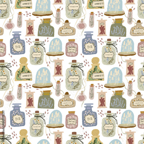Botanical bottles seamless pattern with vials and flasks with flowers and herbs. Wallpaper, wrapping paper