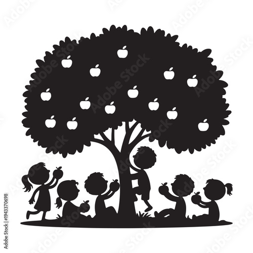 Children Picking Apples from Tree Silhouette Vector Illustration