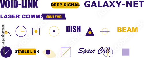 Futuristic space communication technology vector icons set: deep signal, galaxy-net, laser comms, stable link.