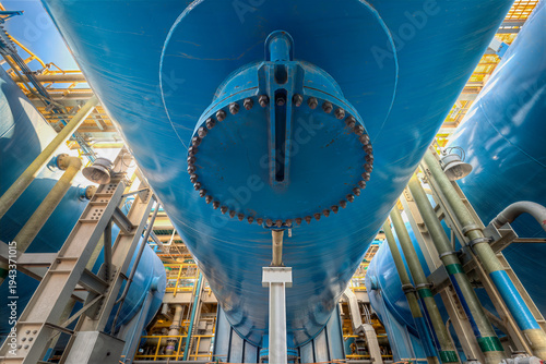 Fotografi Massive blue storage tanks facilitate the filtration process at this industrial reverse osmosis desalination plant