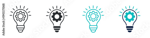 Idea gear light bulb icon set, innovation technology solution concept symbol, outline and solid and color style. Vector illustration.