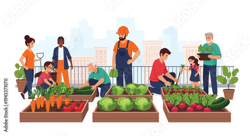 Community gardening with diverse people tending to a rooftop vegetable garden
