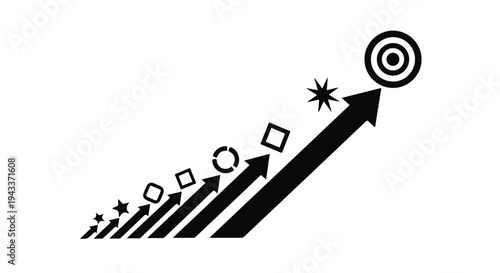 Business growth success target goal concept with arrows rising up to bullseye symbol on white background, representing achievement and progress in corporate strategy and marketing