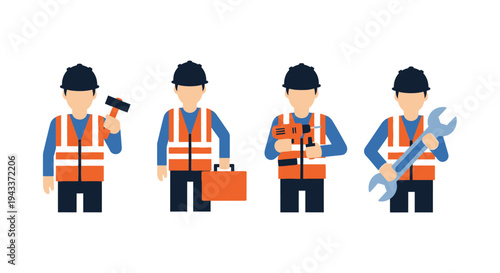 Four construction workers displaying different tools in a flat vector style