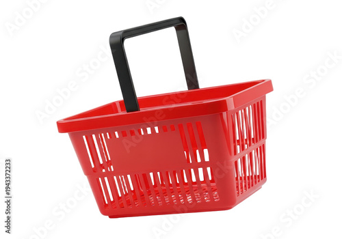 A red plastic shopping basket with a black handle isolated on transparent background