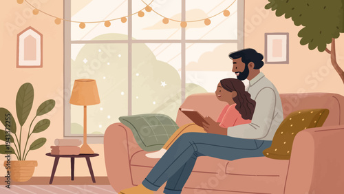 A man and woman sitting on a couch together reading a book in a cozy living room with a large window