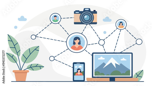 A modern illustration of a connected network sharing a mountain landscape photo