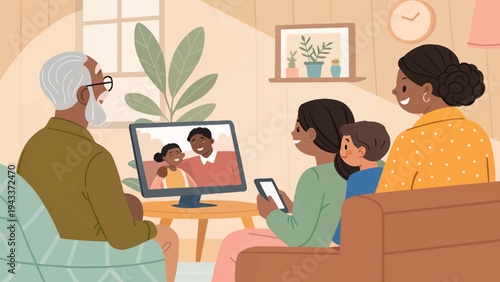 A diverse family enjoys a video call together in a cozy living room with a warm atmosphere.