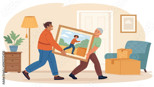 Two men moving a large framed picture into a new home with furniture and boxes