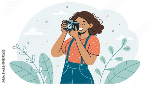 A young woman taking a photo with a camera in a natural outdoor setting