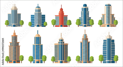 Colorful collection of modern city skyscrapers with green trees