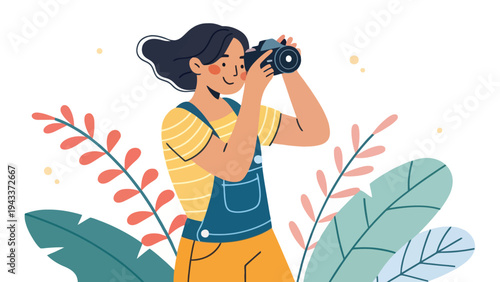 A young woman taking a photo with a camera in a natural outdoor setting surrounded by plants and flowers
