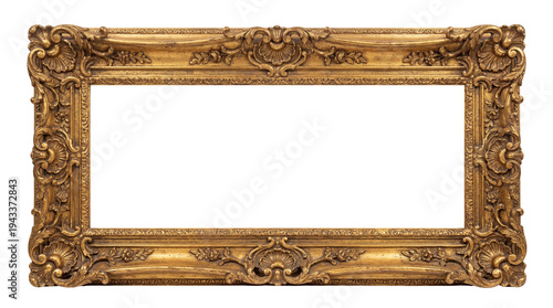 Ornate antique gold picture frame, richly decorated with intricate carvings, isolated on a transparent background, perfect for displaying art or photos
