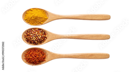Three wooden spoons filled with vibrant turmeric powder, fiery red chili flakes, and delicate saffron threads, isolated on transparent background PNG