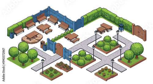 Isometric pixel art illustration of a charming outdoor garden patio area