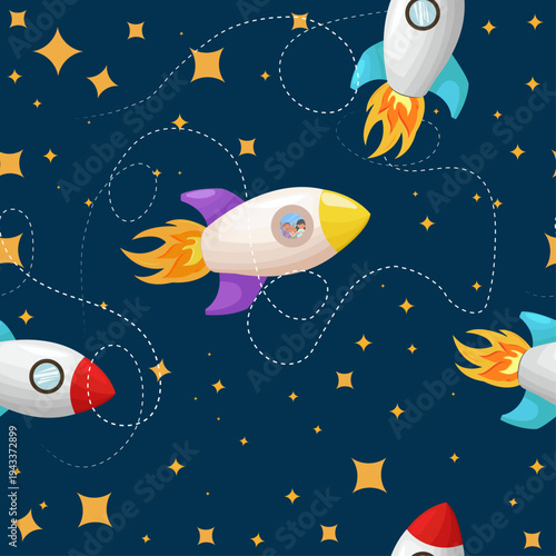Seamless pattern with space rockets and stars on blue background. Vector seamless pattern featuring cute hand-drawn space rockets and golden stars. Perfect for nursery wallpaper, children's textile